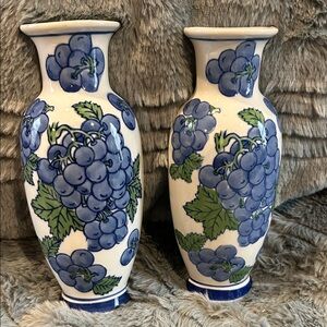 Elegant Blue and Green Grape Porcelain Vases
